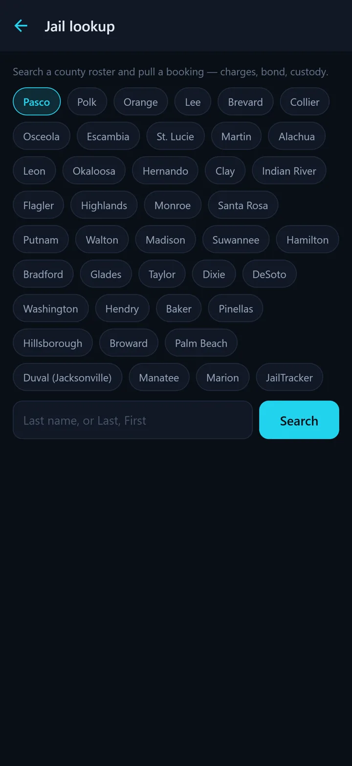 Bondr jail lookup on iPhone — searching a county roster by name, showing text results with booking numbers and in-custody status